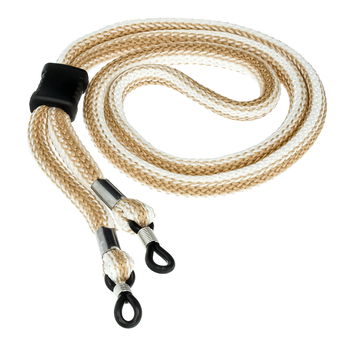 Das Bild zeigt ein zusammengerolltes Brillenband in creme-beige.